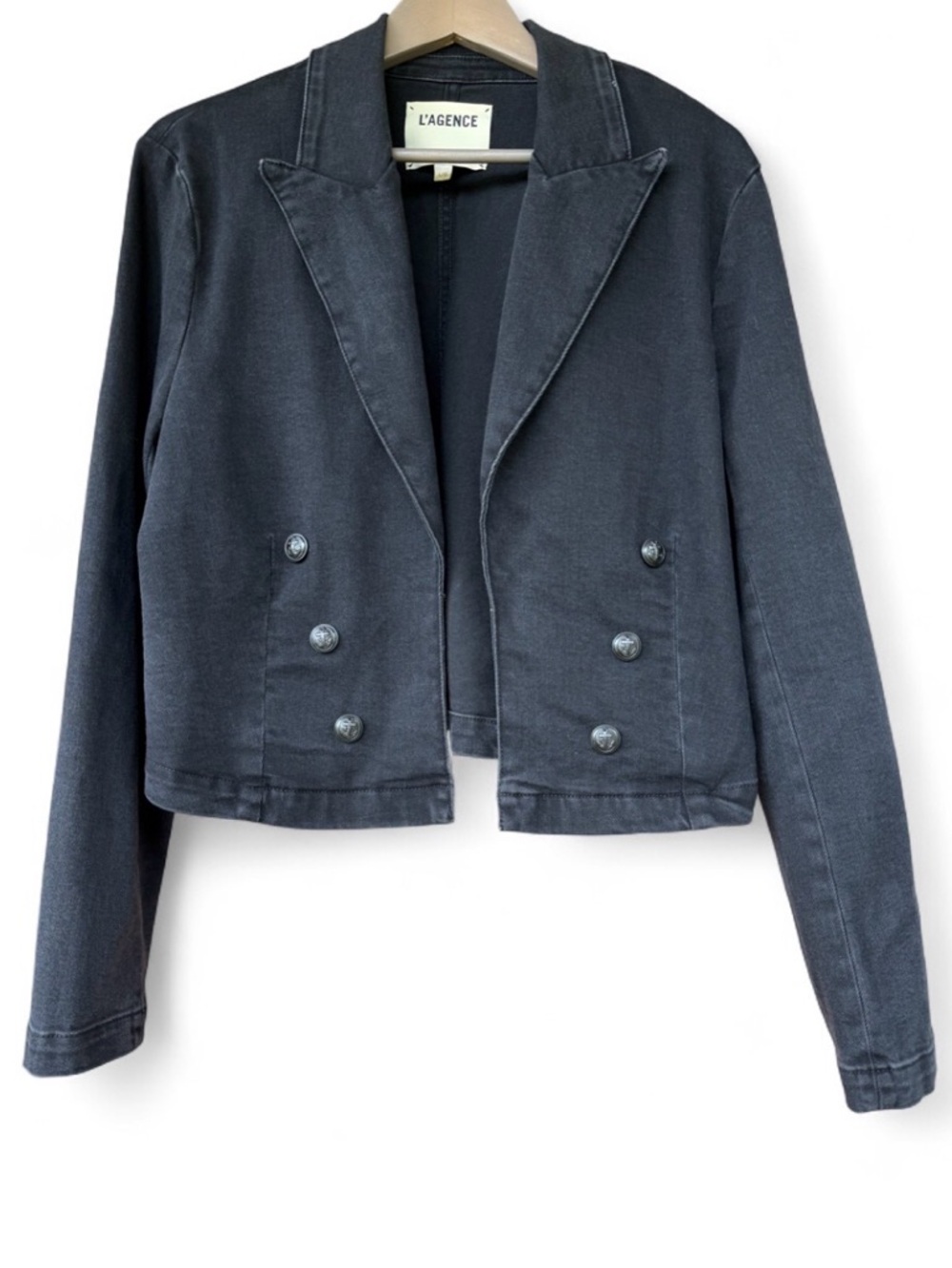L’AGENCE “Dolly” Crop Blazer - Washed Black - Denim Jacket Size L ($425 retail)